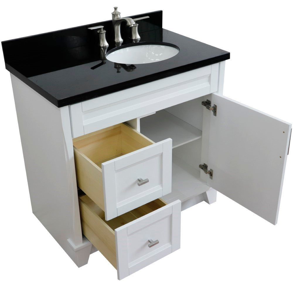 37" Single sink vanity in White finish with Black galaxy granite and LEFT oval sink RIGHT drawers