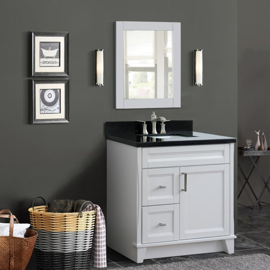 37" Single sink vanity in White finish with Black galaxy granite and CENTER rectangle sink RIGHT drawers
