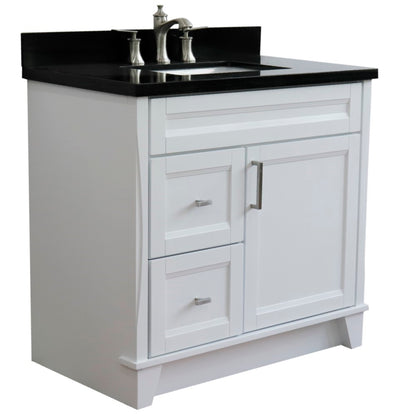 37" Single sink vanity in White finish with Black galaxy granite and CENTER rectangle sink RIGHT drawers