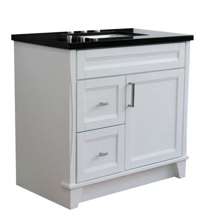 37" Single sink vanity in White finish with Black galaxy granite and CENTER rectangle sink RIGHT drawers