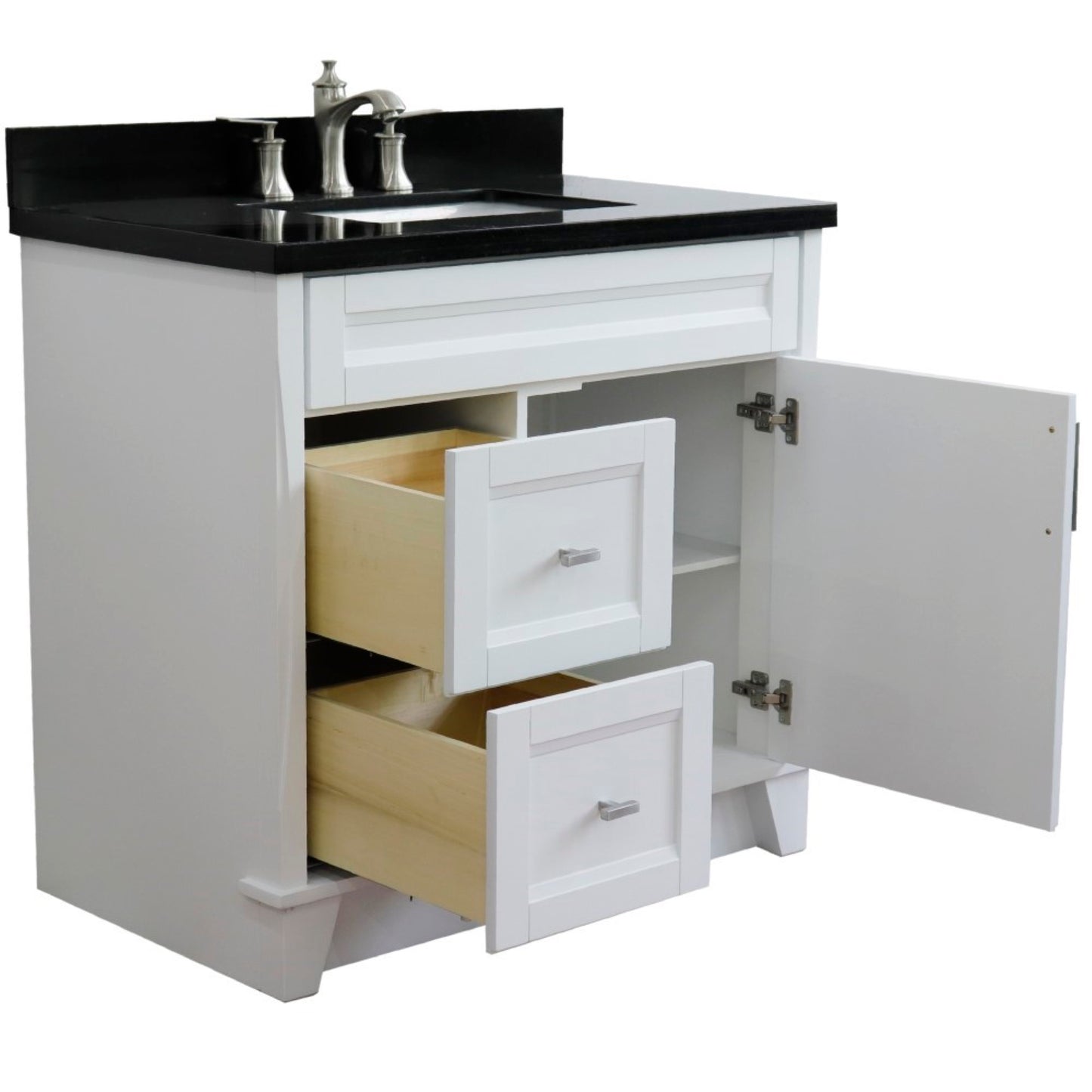 37" Single sink vanity in White finish with Black galaxy granite and CENTER rectangle sink RIGHT drawers