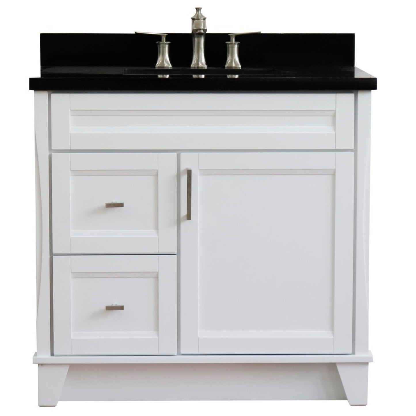 37" Single sink vanity in White finish with Black galaxy granite and CENTER rectangle sink RIGHT drawers