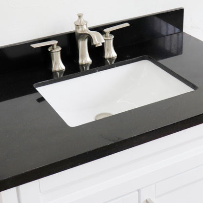 37" Single sink vanity in White finish with Black galaxy granite and CENTER rectangle sink RIGHT drawers