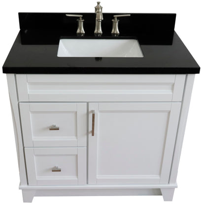 37" Single sink vanity in White finish with Black galaxy granite and CENTER rectangle sink RIGHT drawers