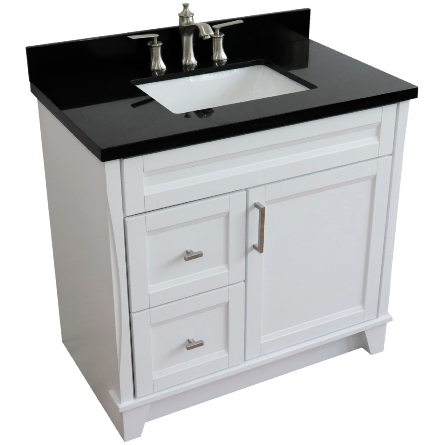 37" Single sink vanity in White finish with Black galaxy granite and CENTER rectangle sink RIGHT drawers