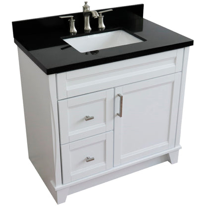 37" Single sink vanity in White finish with Black galaxy granite and CENTER rectangle sink RIGHT drawers