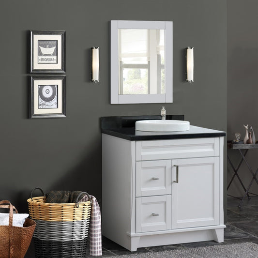 37" Single sink vanity in White finish with Black galaxy granite and CENTER round sink RIGHT drawers