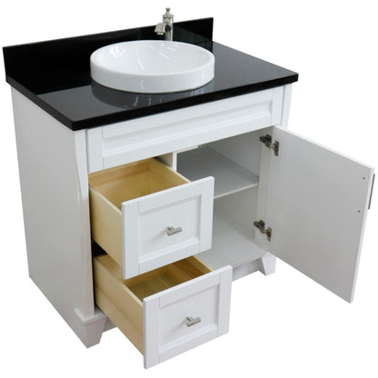 37" Single sink vanity in White finish with Black galaxy granite and CENTER round sink RIGHT drawers