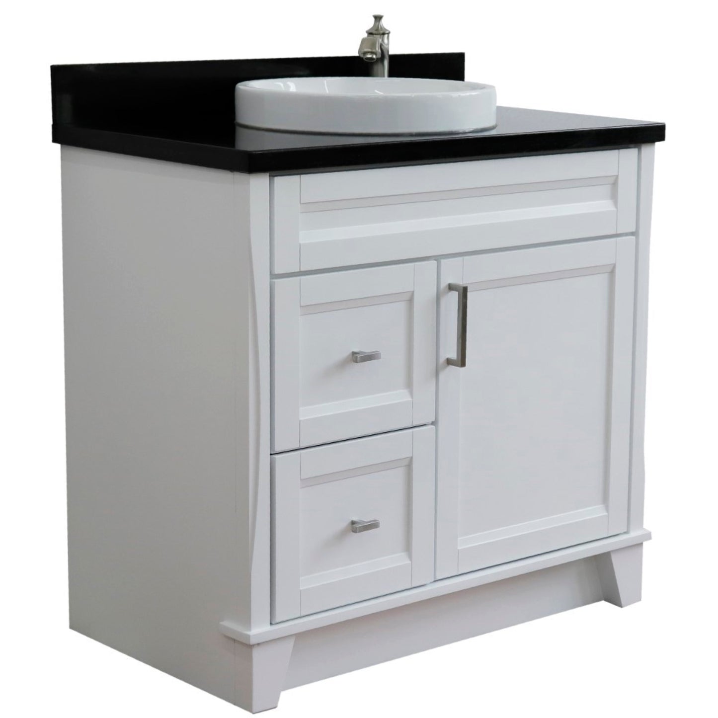 37" Single sink vanity in White finish with Black galaxy granite and CENTER round sink RIGHT drawers