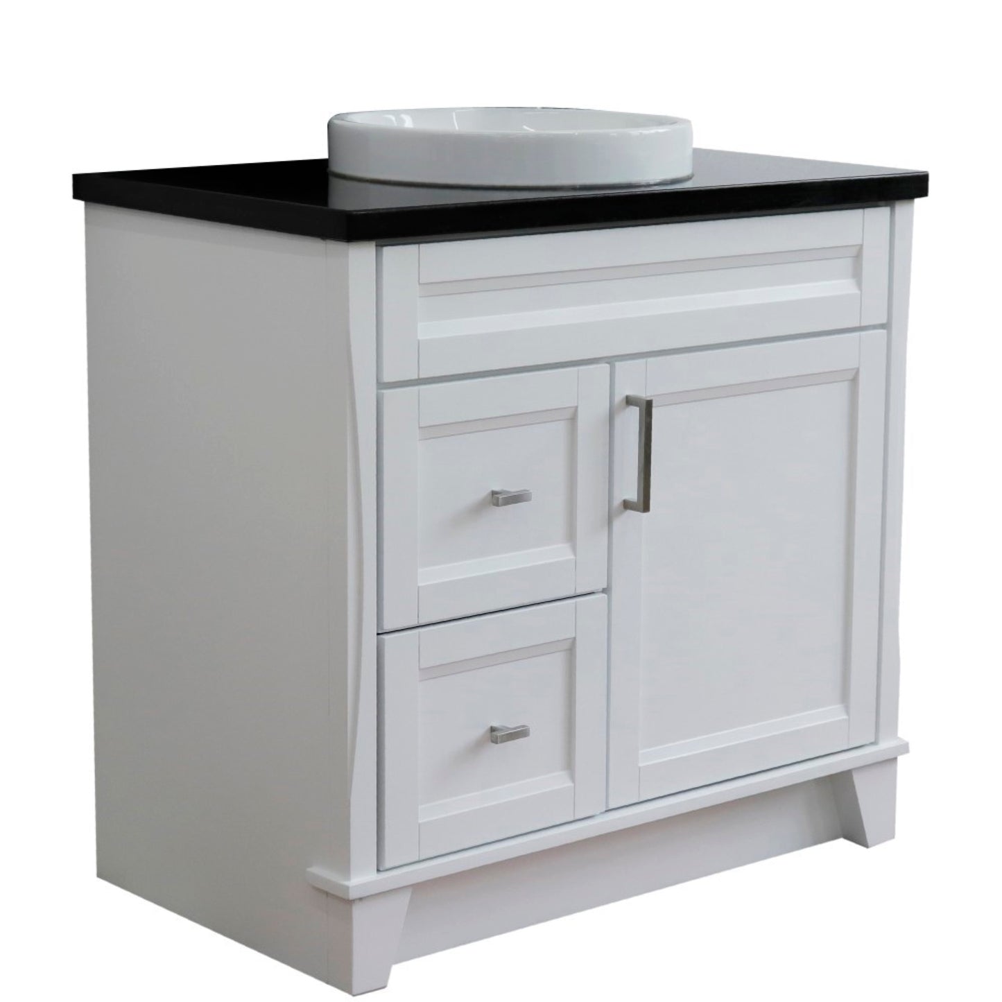 37" Single sink vanity in White finish with Black galaxy granite and CENTER round sink RIGHT drawers