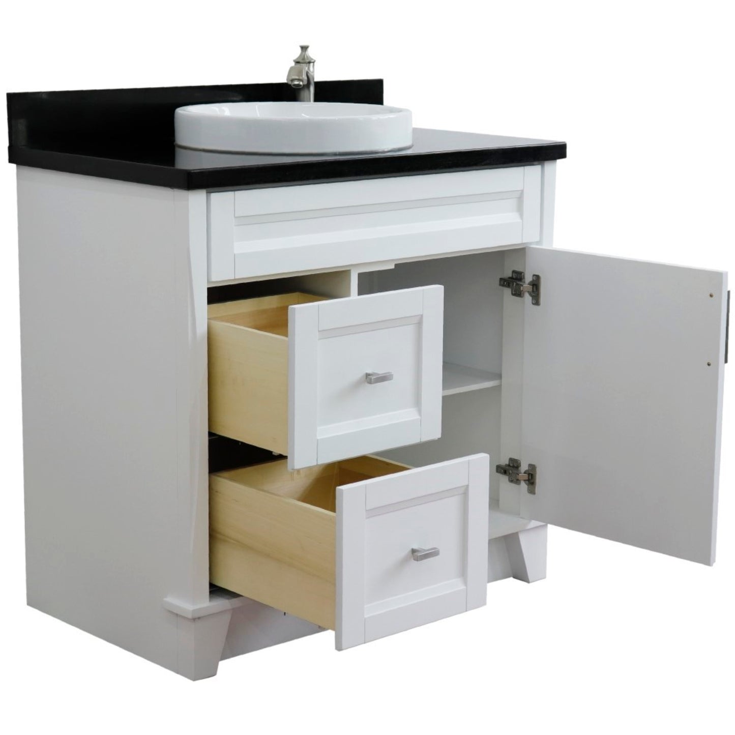 37" Single sink vanity in White finish with Black galaxy granite and CENTER round sink RIGHT drawers