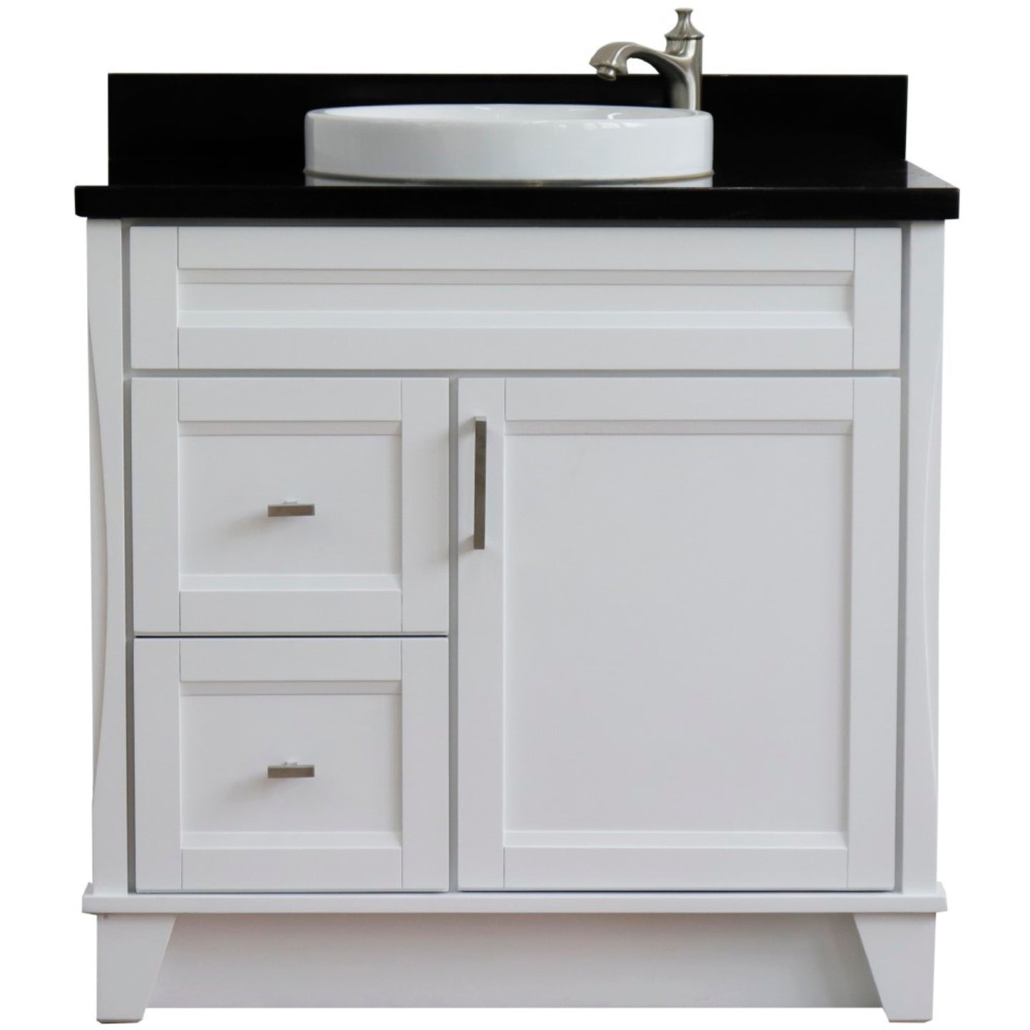37" Single sink vanity in White finish with Black galaxy granite and CENTER round sink RIGHT drawers