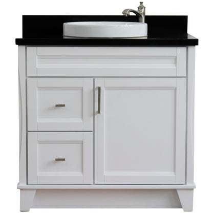 37" Single sink vanity in White finish with Black galaxy granite and CENTER round sink RIGHT drawers