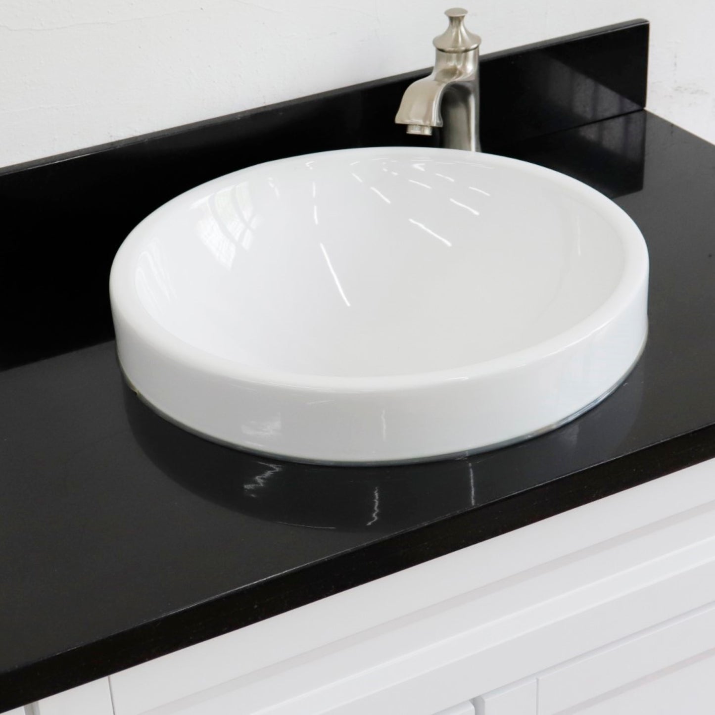 37" Single sink vanity in White finish with Black galaxy granite and CENTER round sink RIGHT drawers
