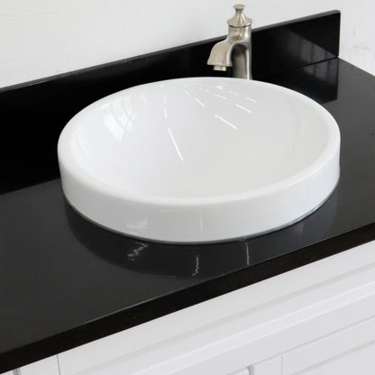 37" Single sink vanity in White finish with Black galaxy granite and CENTER round sink RIGHT drawers