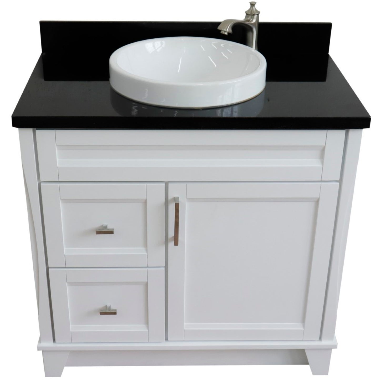 37" Single sink vanity in White finish with Black galaxy granite and CENTER round sink RIGHT drawers