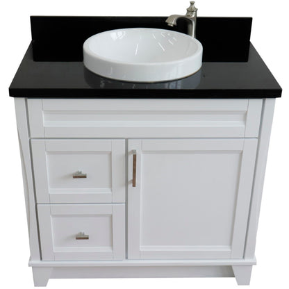 37" Single sink vanity in White finish with Black galaxy granite and CENTER round sink RIGHT drawers