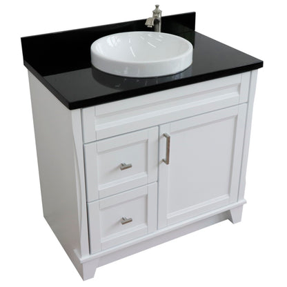 37" Single sink vanity in White finish with Black galaxy granite and CENTER round sink RIGHT drawers