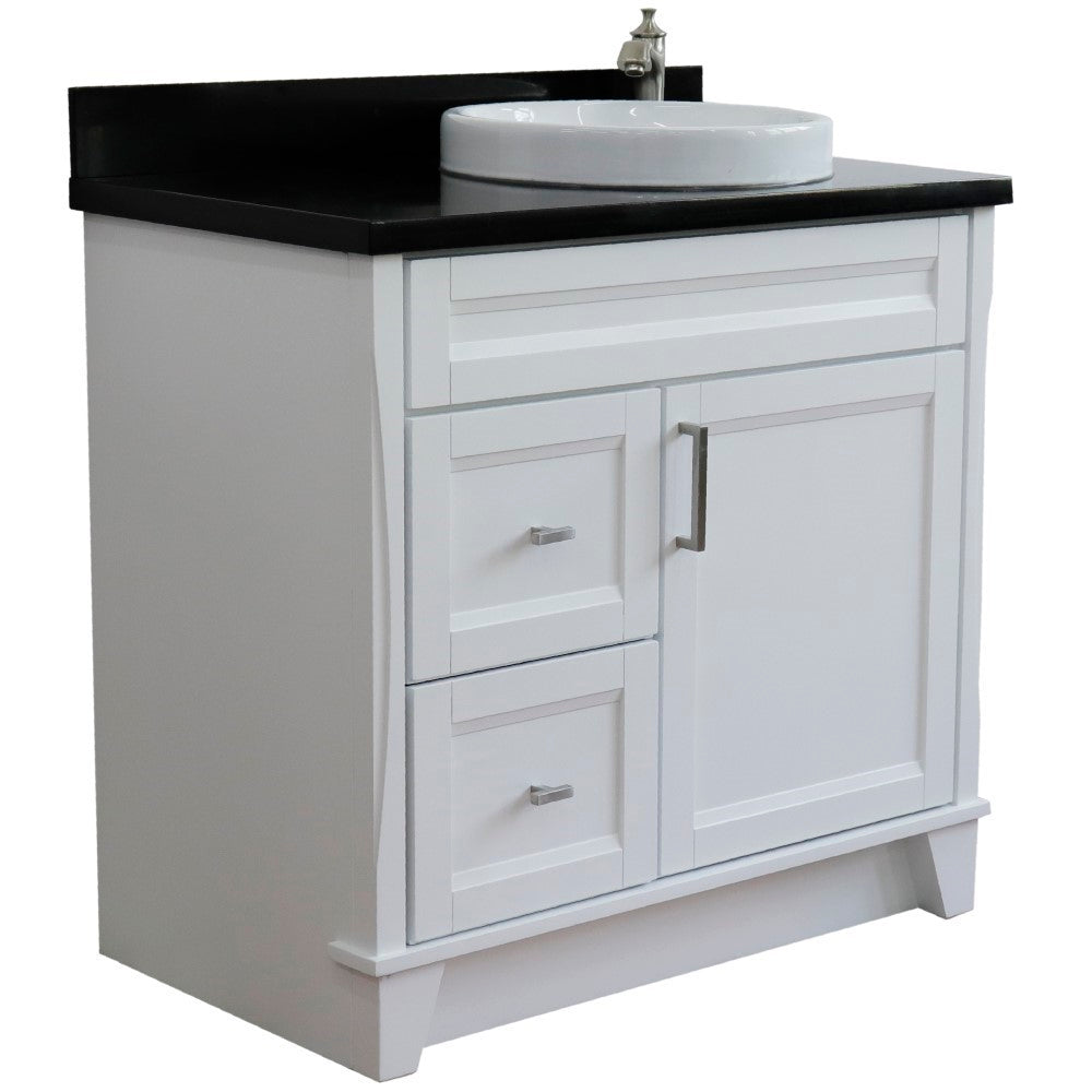 37" Single sink vanity in White finish with Black galaxy granite and LEFT round sink RIGHT drawers