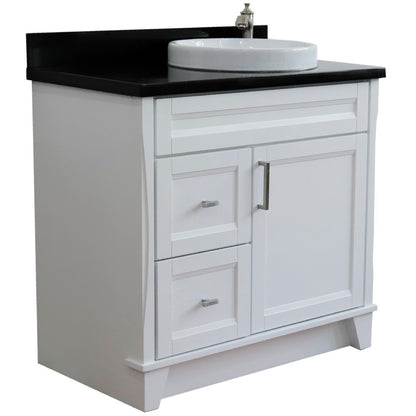37" Single sink vanity in White finish with Black galaxy granite and LEFT round sink RIGHT drawers