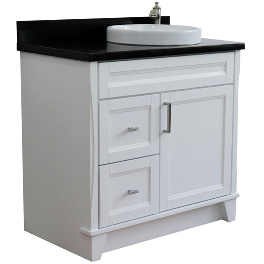 37" Single sink vanity in White finish with Black galaxy granite and LEFT round sink RIGHT drawers