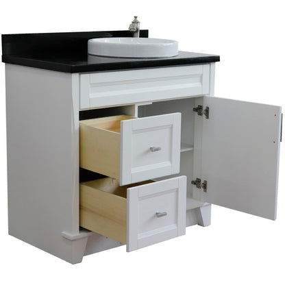 37" Single sink vanity in White finish with Black galaxy granite and LEFT round sink RIGHT drawers