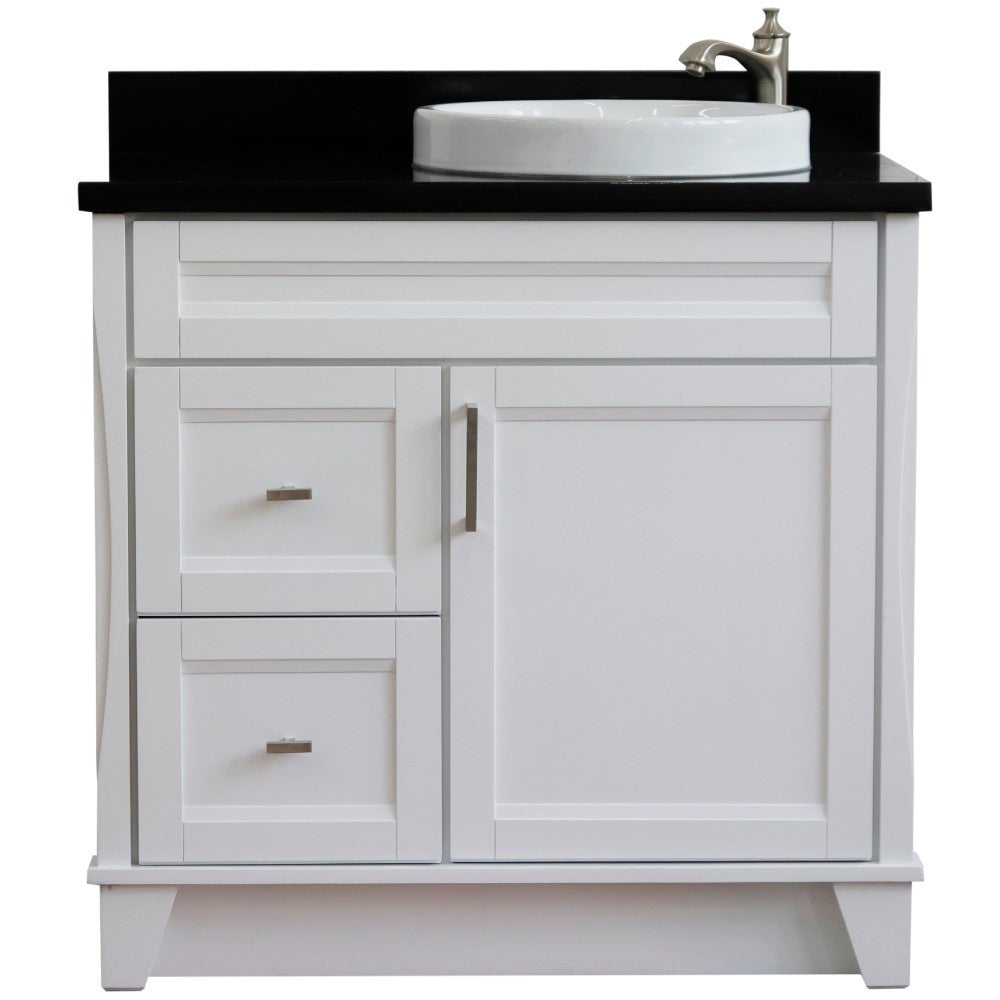 37" Single sink vanity in White finish with Black galaxy granite and LEFT round sink RIGHT drawers