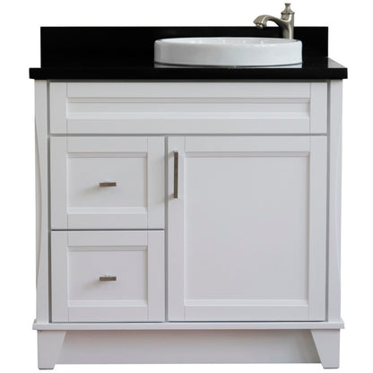 37" Single sink vanity in White finish with Black galaxy granite and LEFT round sink RIGHT drawers