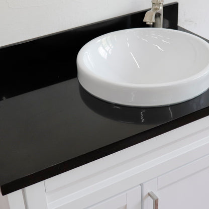 37" Single sink vanity in White finish with Black galaxy granite and LEFT round sink RIGHT drawers