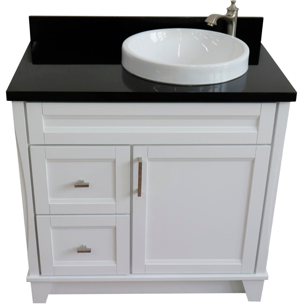 37" Single sink vanity in White finish with Black galaxy granite and LEFT round sink RIGHT drawers
