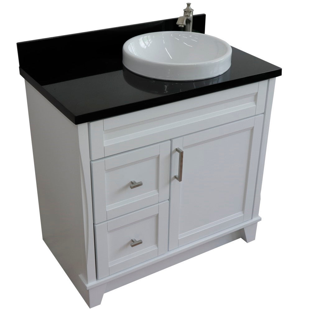 37" Single sink vanity in White finish with Black galaxy granite and LEFT round sink RIGHT drawers