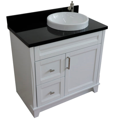 37" Single sink vanity in White finish with Black galaxy granite and LEFT round sink RIGHT drawers