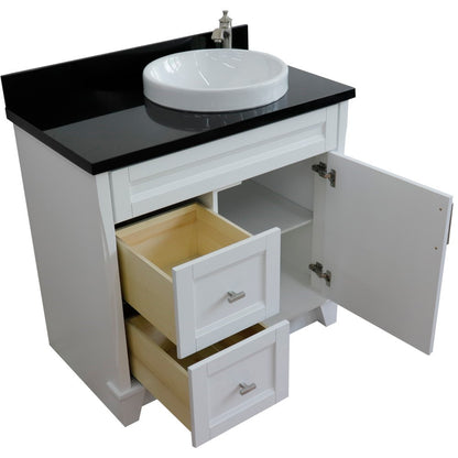37" Single sink vanity in White finish with Black galaxy granite and LEFT round sink RIGHT drawers