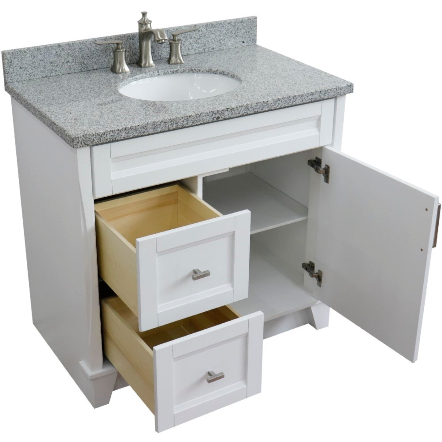 37" Single sink vanity in White finish with Gray granite and CENTER oval sink RIGHT drawers