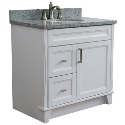 37" Single sink vanity in White finish with Gray granite and CENTER oval sink RIGHT drawers