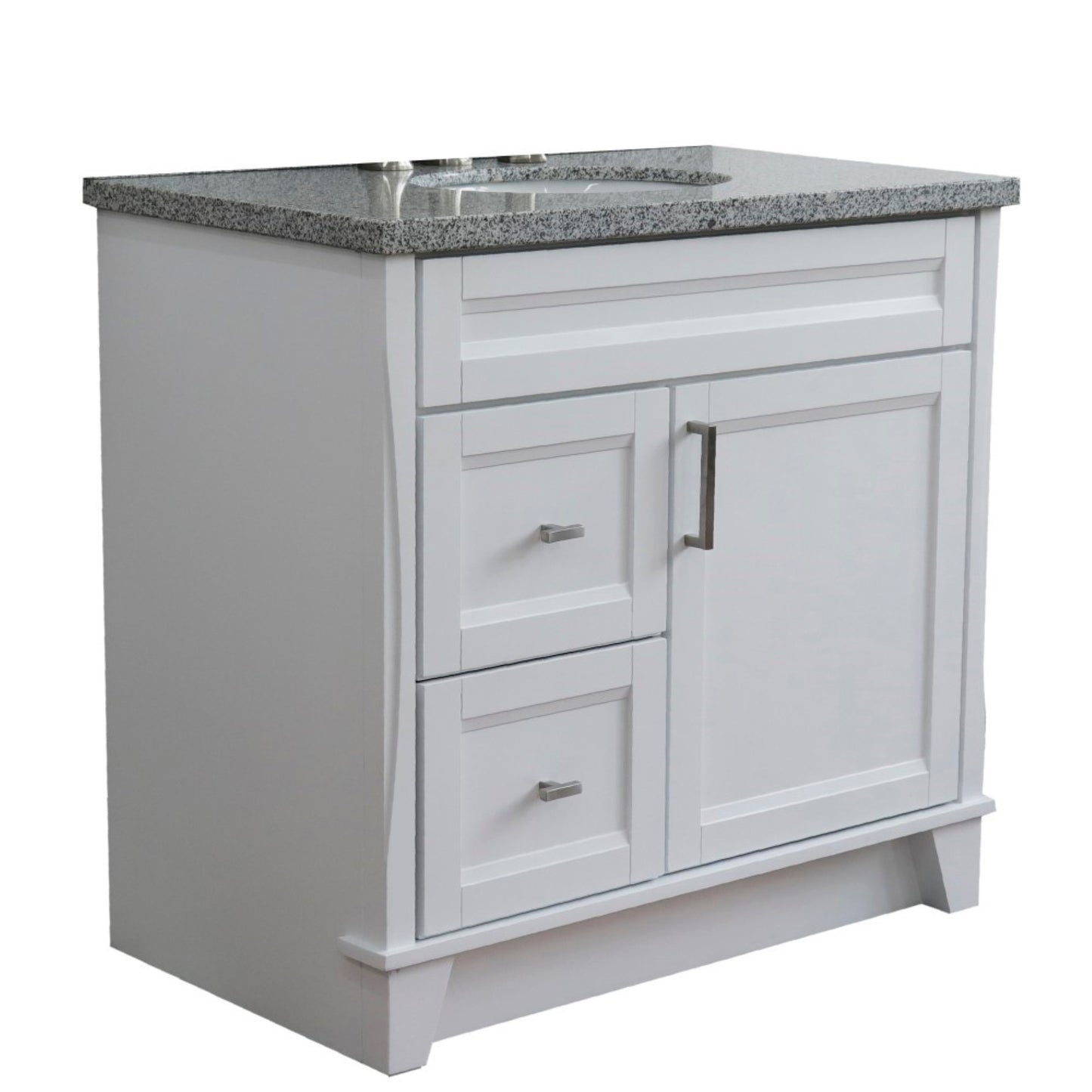 37" Single sink vanity in White finish with Gray granite and CENTER oval sink RIGHT drawers