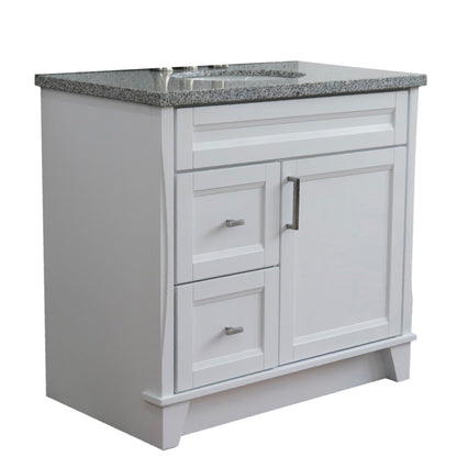 37" Single sink vanity in White finish with Gray granite and CENTER oval sink RIGHT drawers