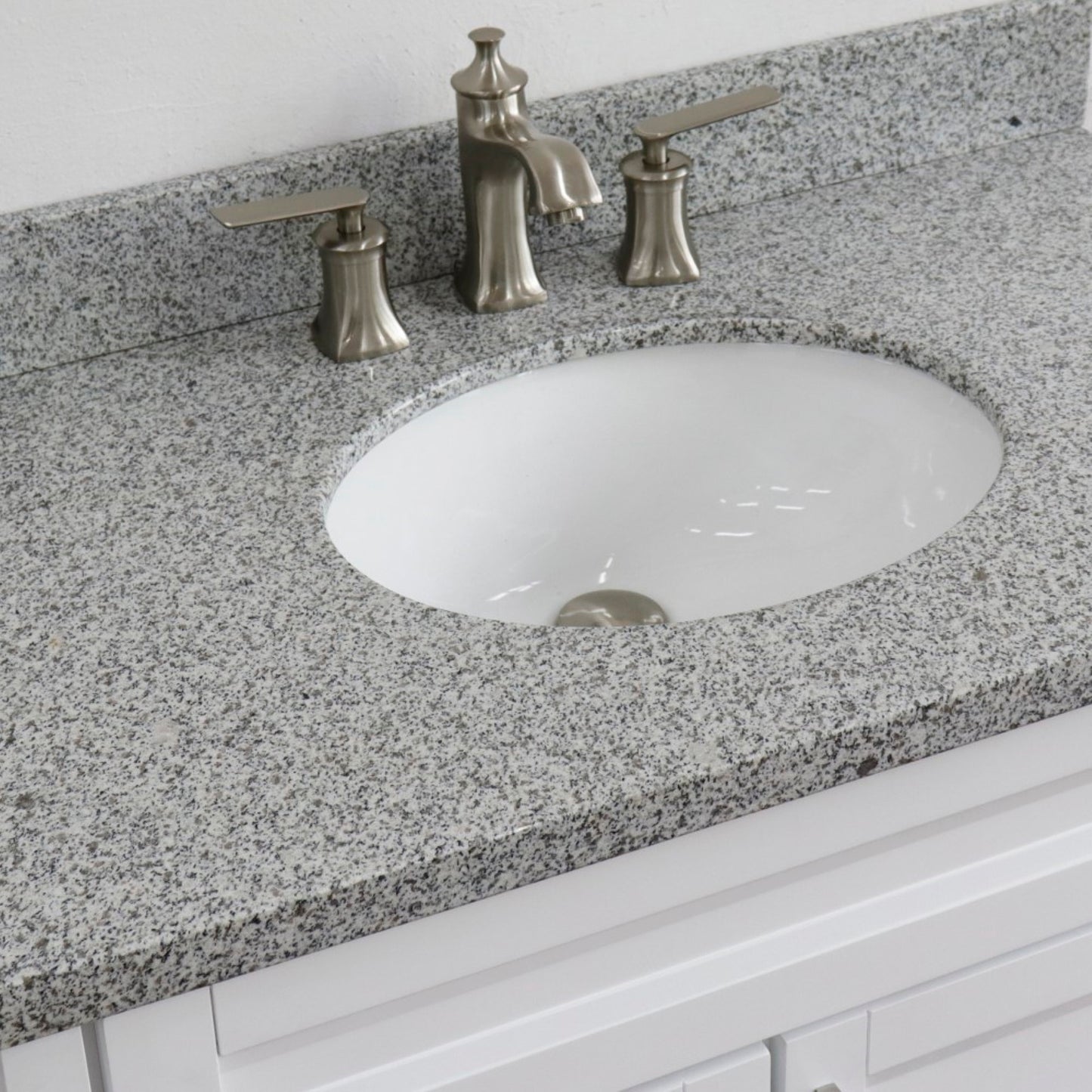 37" Single sink vanity in White finish with Gray granite and CENTER oval sink RIGHT drawers