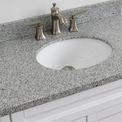 37" Single sink vanity in White finish with Gray granite and CENTER oval sink RIGHT drawers