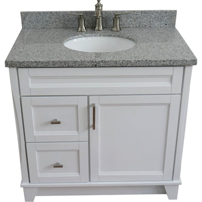 37" Single sink vanity in White finish with Gray granite and CENTER oval sink RIGHT drawers