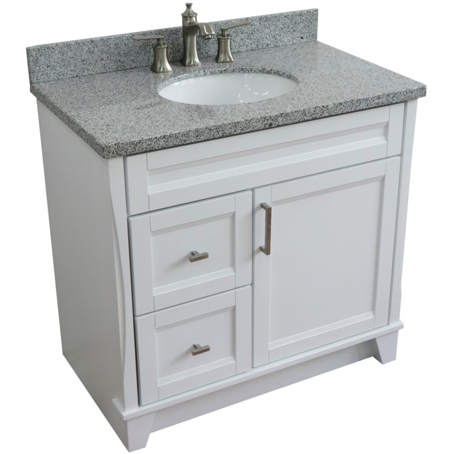 37" Single sink vanity in White finish with Gray granite and CENTER oval sink RIGHT drawers