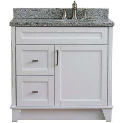 37" Single sink vanity in White finish with Gray granite and LEFT oval sink RIGHT drawers