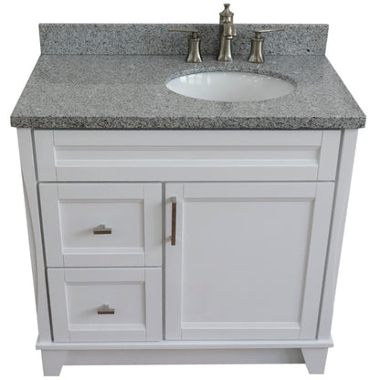 37" Single sink vanity in White finish with Gray granite and LEFT oval sink RIGHT drawers