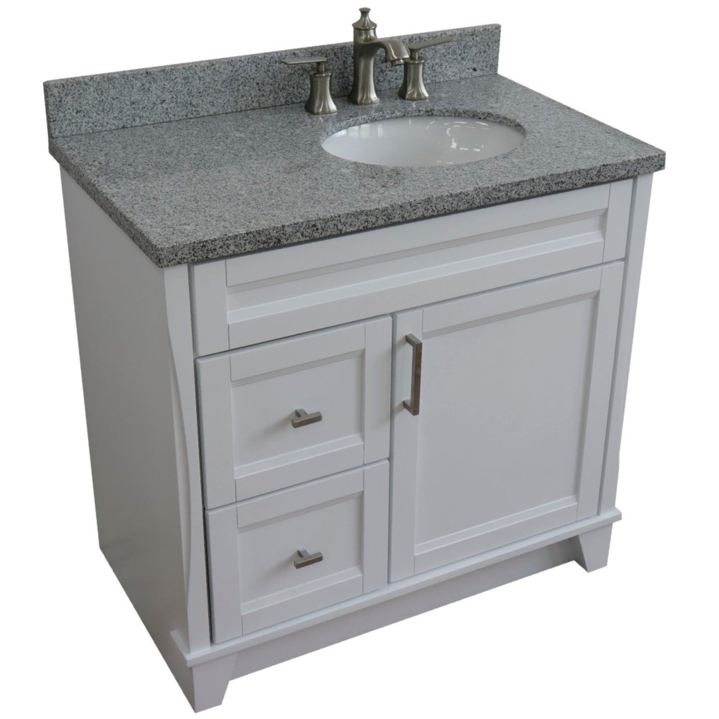 37" Single sink vanity in White finish with Gray granite and LEFT oval sink RIGHT drawers