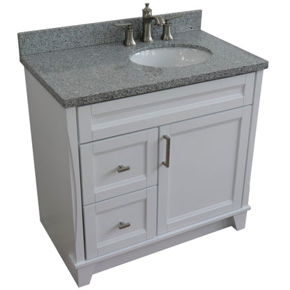 37" Single sink vanity in White finish with Gray granite and LEFT oval sink RIGHT drawers