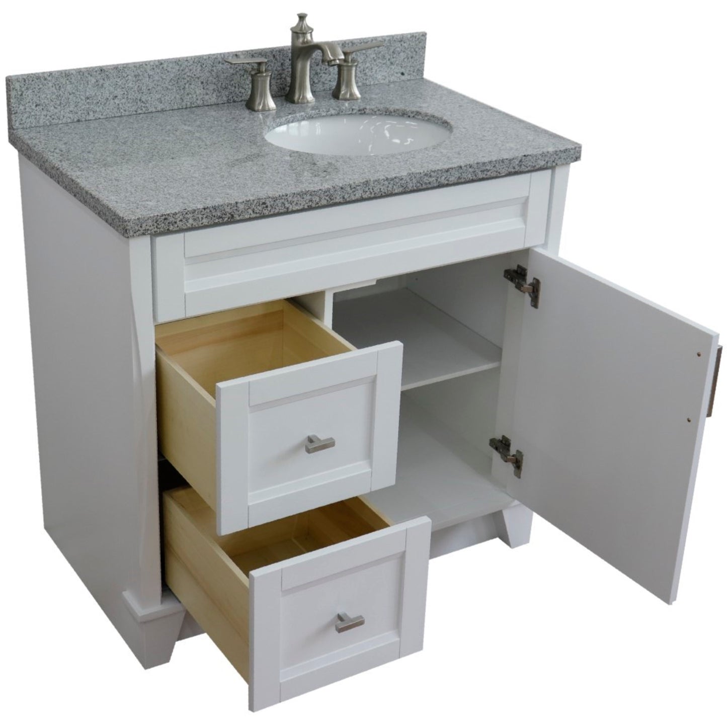 37" Single sink vanity in White finish with Gray granite and LEFT oval sink RIGHT drawers