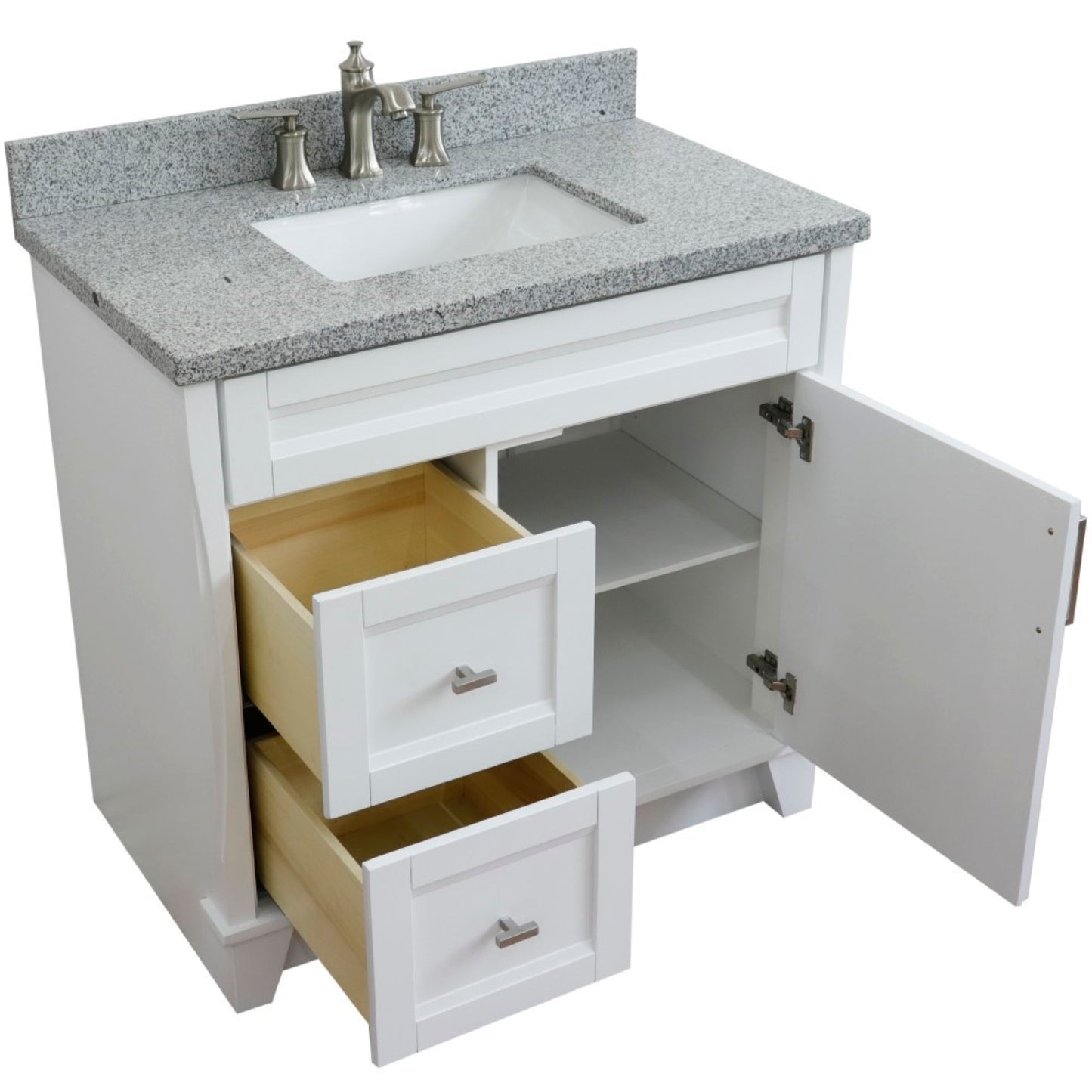 37" Single sink vanity in White finish with Gray granite and CENTER rectangle sink RIGHT drawers