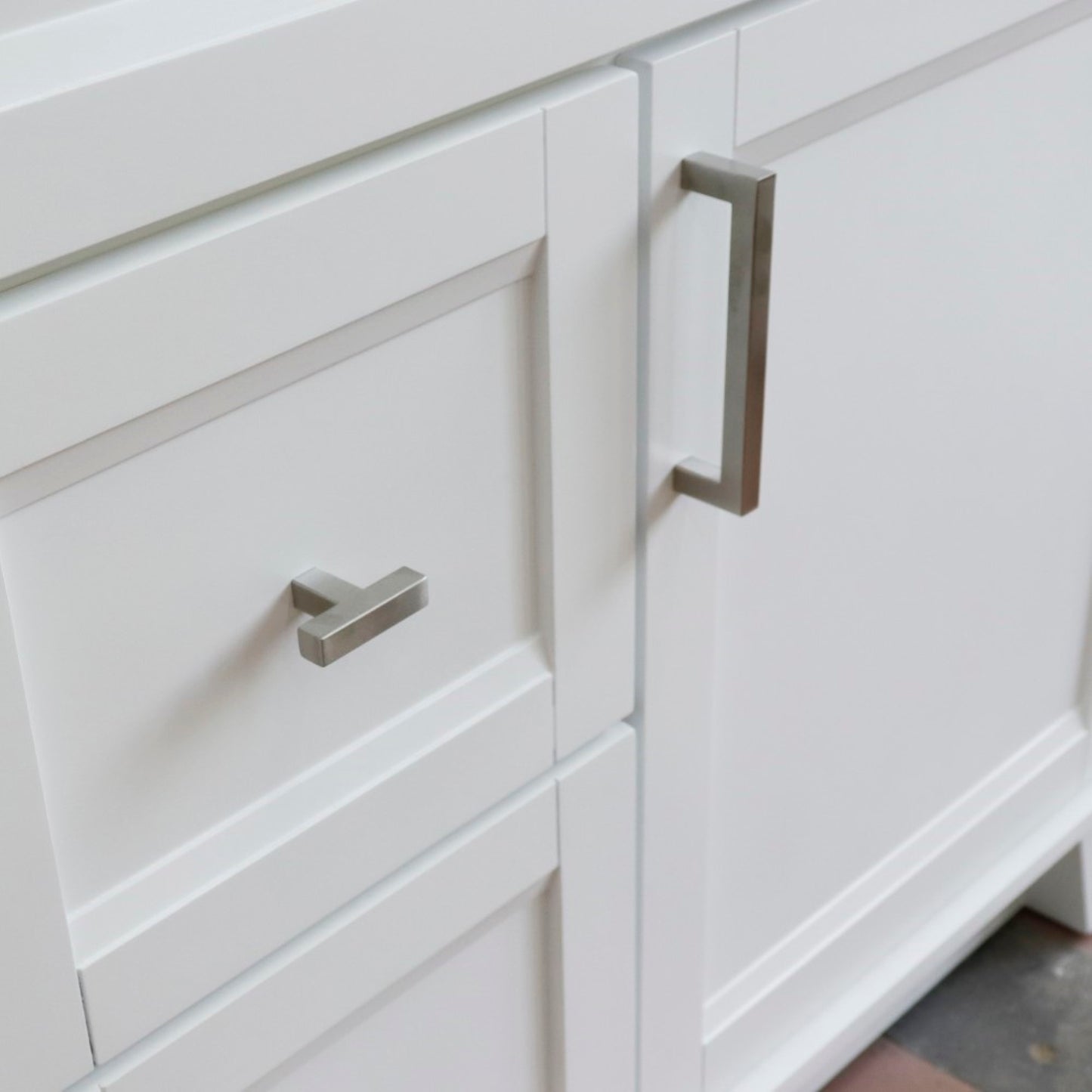 37" Single sink vanity in White finish with Gray granite and CENTER rectangle sink RIGHT drawers
