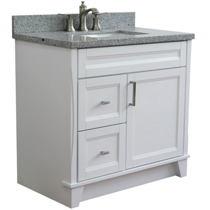 37" Single sink vanity in White finish with Gray granite and CENTER rectangle sink RIGHT drawers