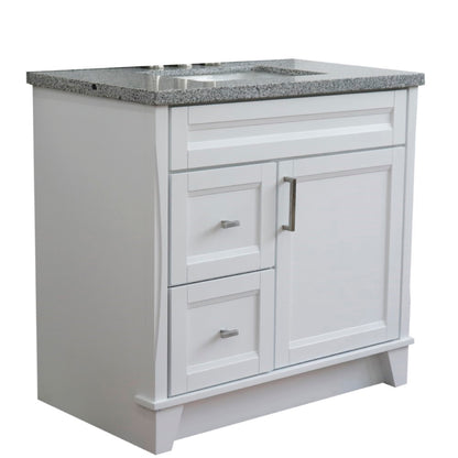 37" Single sink vanity in White finish with Gray granite and CENTER rectangle sink RIGHT drawers